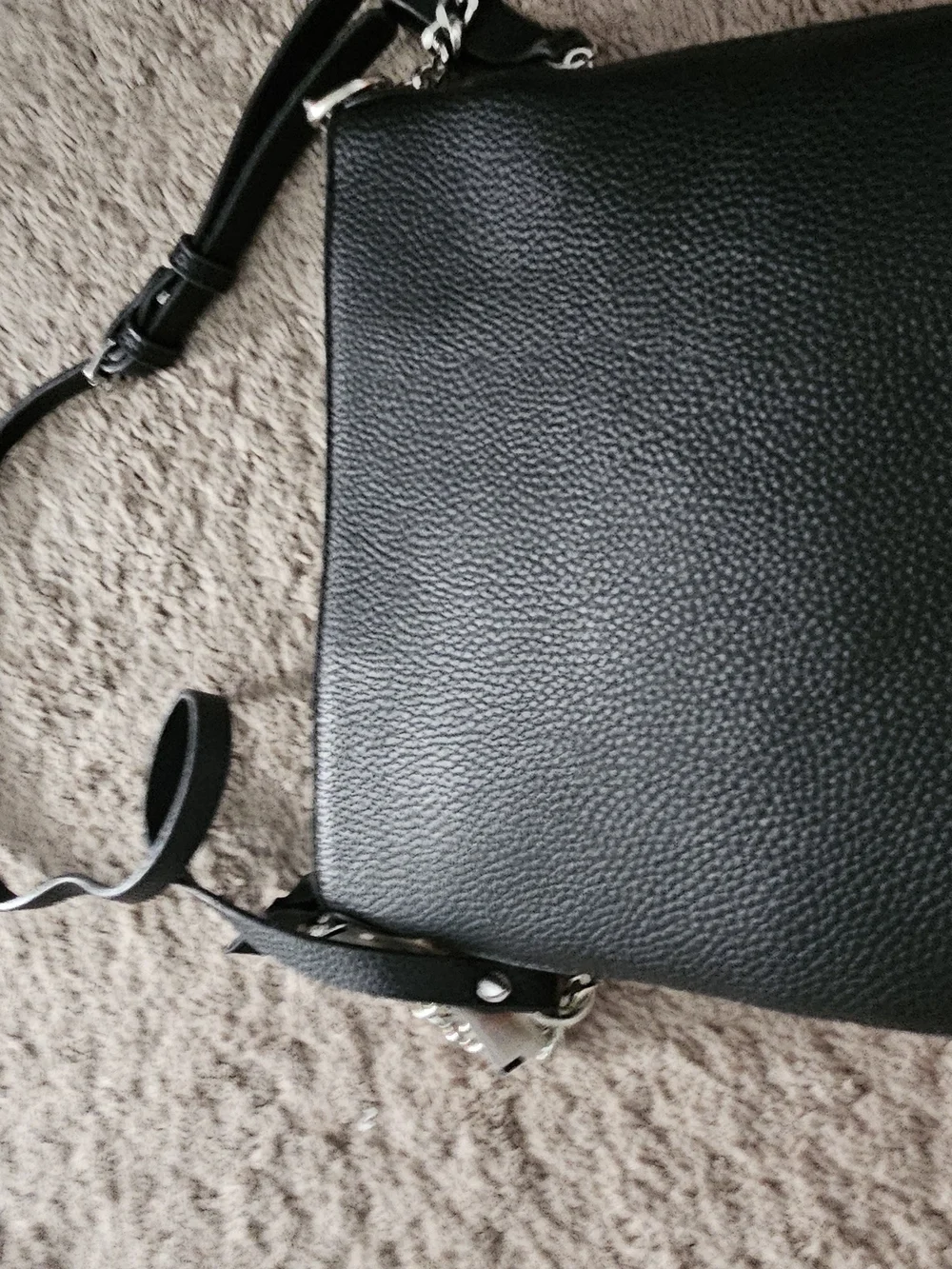 Black Crossbody Bag with Gray Leopard Accent and Chain Strap